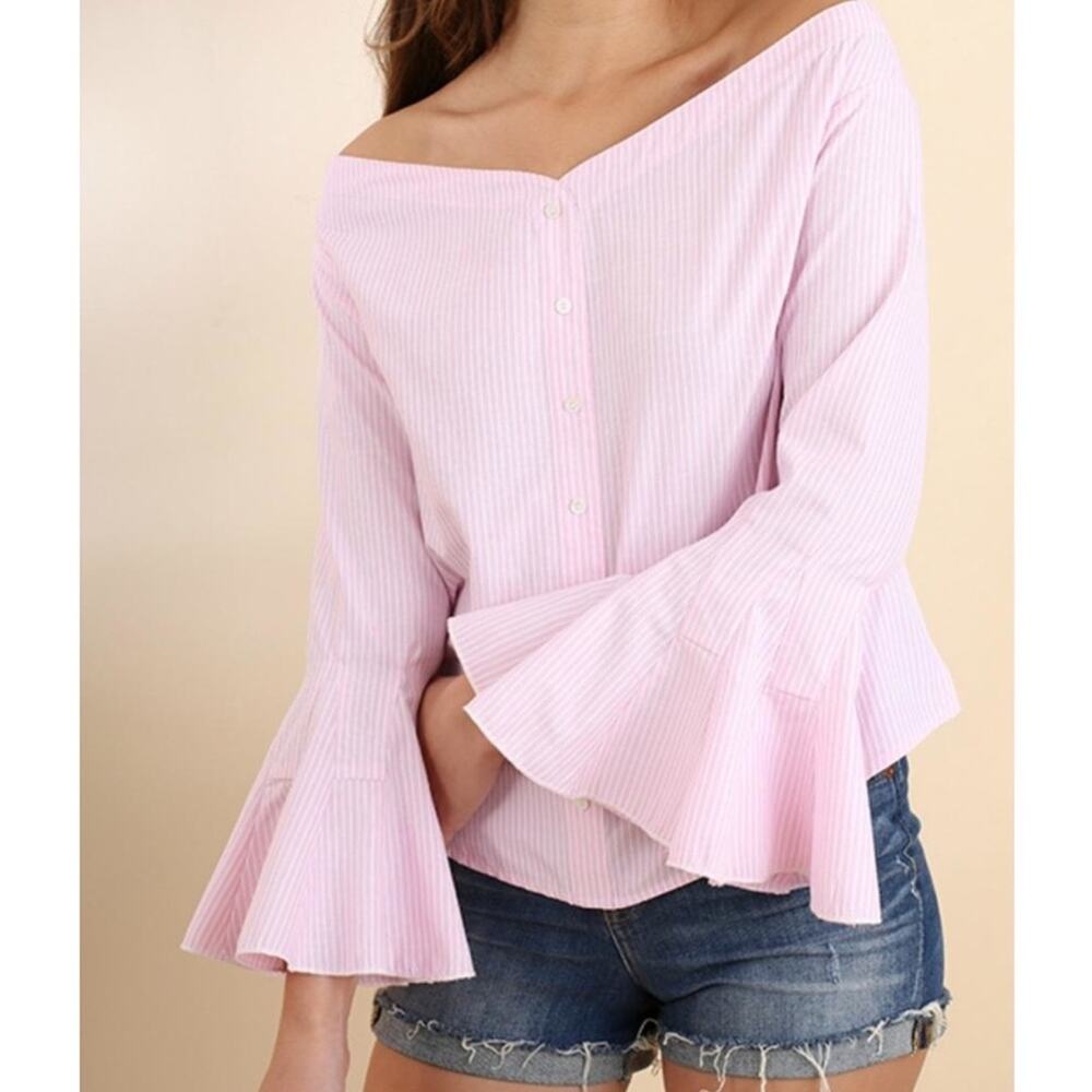 UMGEE Pink Poplin off‎ shoulder blouse Preppy Flirty Medium